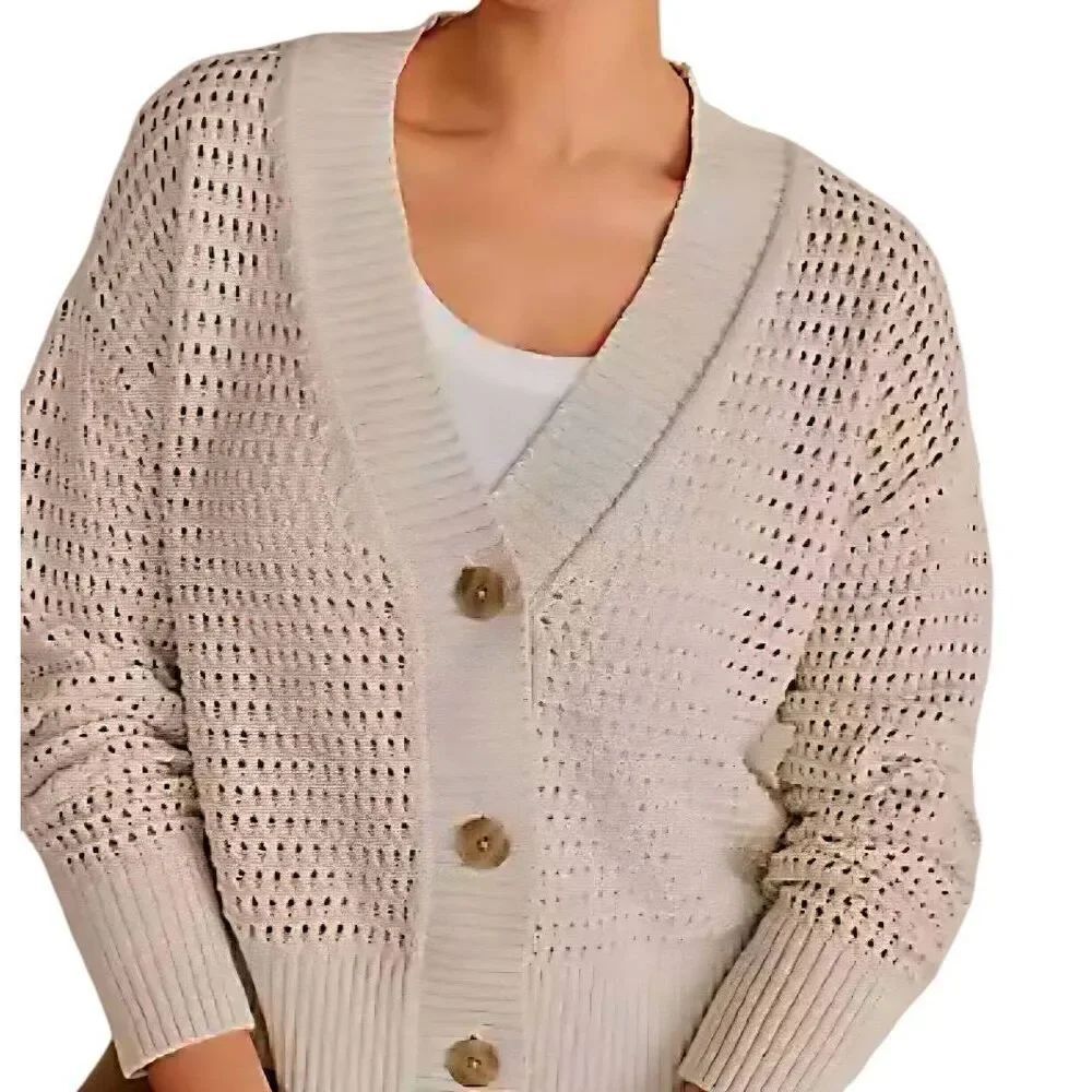 LOFT Cardigan Sweater Women's Large Tan Open Knit Crochet V Neck Cotton